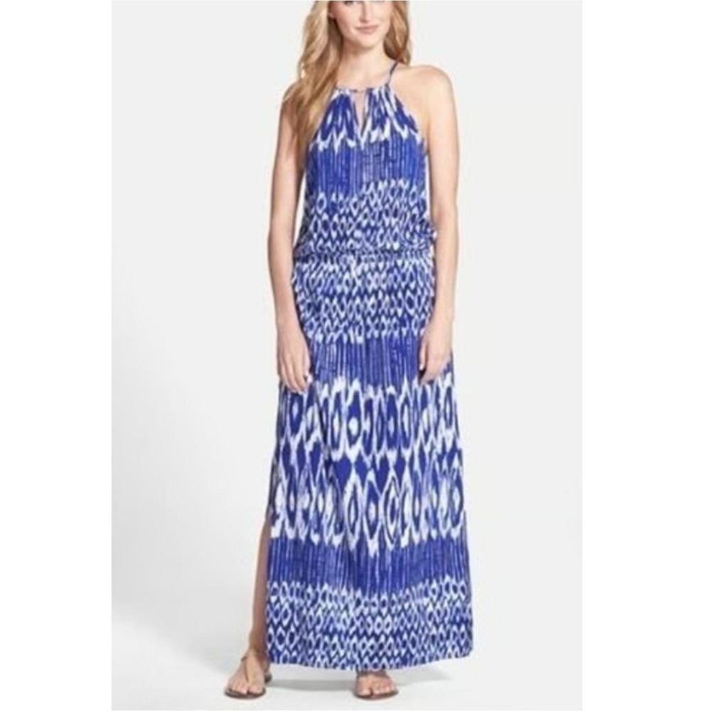 Tommy Bahama Maxi Dress Women Medium Blue White Ikat Sleeveless Pockets